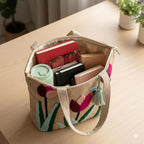 Embroidered Canvas Tote Bag, Cream, Floral Butterfly Design, Zipper Closure with Tassel