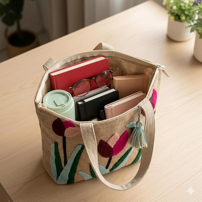 Embroidered Canvas Tote Bag, Cream, Floral Butterfly Design, Zipper Closure with Tassel