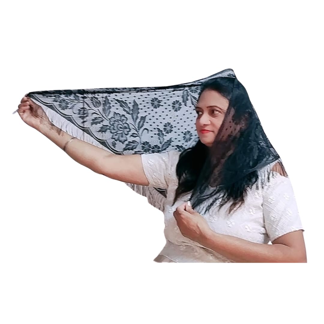 Devino Ora Elegant Black Lace Triangle Scarf/Shawl,/Veil Black Flower, 1