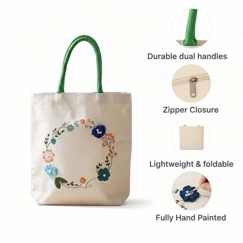 ZIG ZAG BAGS Canvas Tote Bag with Zipper | Aster Design | Hand-Painted Cotton Tote for Girls, Office & Shopping | Eco-Friendly Cloth Handbag | Stylish Shoulder Shopping Bag for Women (Aster)