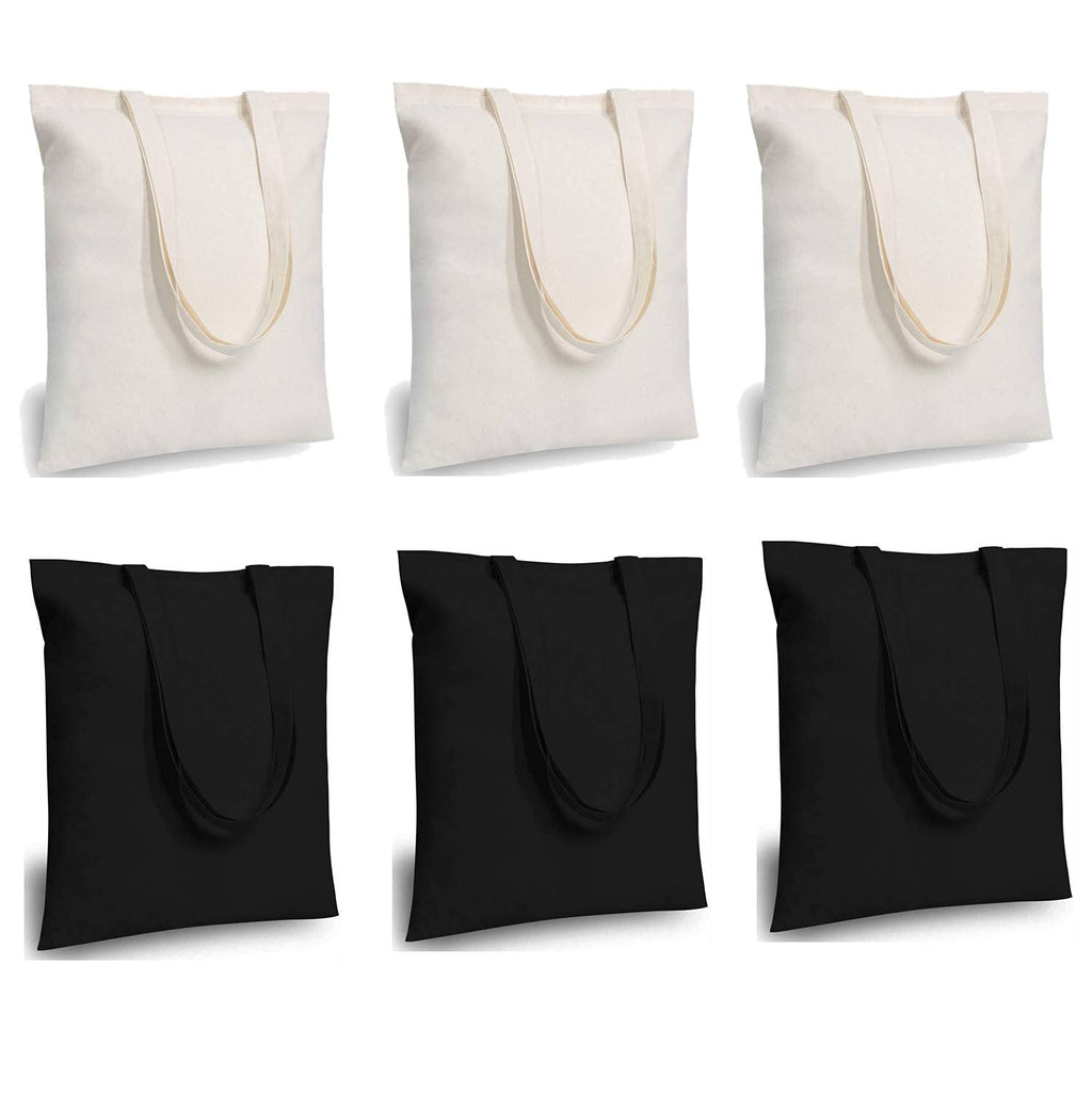 Lify Cotton Canvas Tote Bags Bulk Shopping Bag for Crafts, DIY Reusable Grocery Bag, 14 X 16 Inch – 6 Piece Pack (Black (3Piece) + Off-White (3Piece))