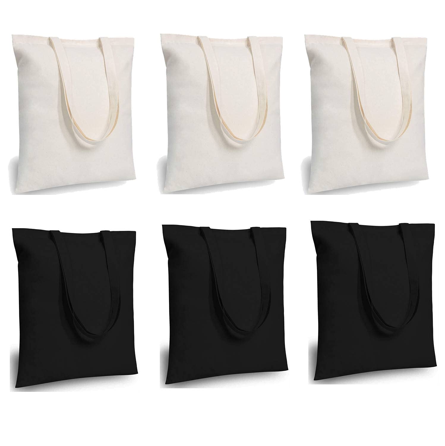 Lify Cotton Canvas Tote Bags Bulk Shopping Bag for Crafts, DIY Reusable Grocery Bag, 14 X 16 Inch – 6 Piece Pack (Black (3Piece) + Off-White (3Piece))
