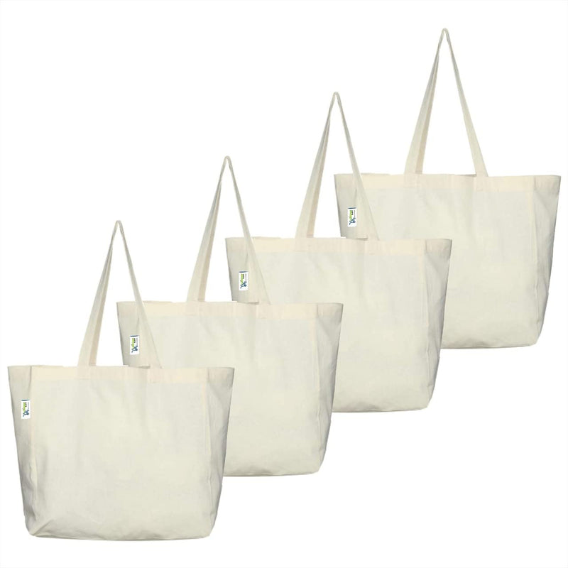 VantageKart Natural Cotton Plain Tote Shopping Bags with Cross Stitching | Heavy Duty, Washable, Eco Friendly Biodegradable Canvas Multipurpose Grocery Tote Bag - Set of 4