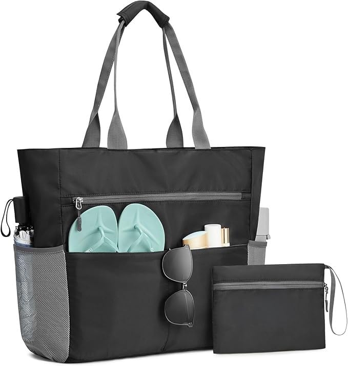 hirTa Gab Tote Bag with Makeup Pouch for Teacher Women Office Girls Work Multipurpose HandBag with Zipper Pocket Mostly Use for Travel Grocery Beach Hobo Diaper Changing Pool Bag (Charcoal Black)