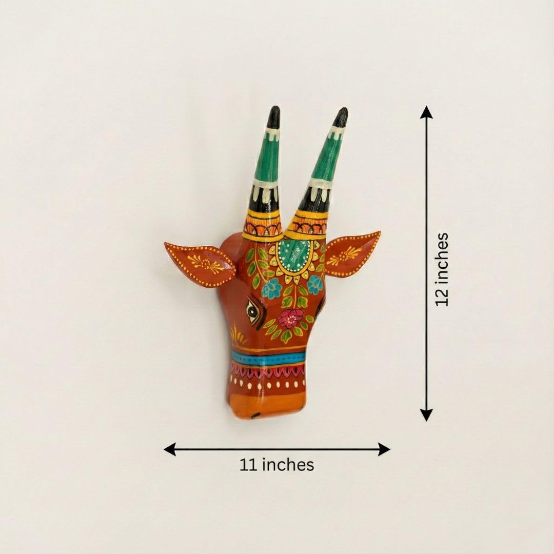 ATRANGI STUDIO Handpainted Wooden Cow Head Wall Decor | Ethnic Wall Art | Symbol of Prosperity | Wall Hanging for Home, Temple & Puja Room | Ready to Hang | 12 Inch, Orange