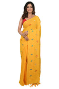 RoyBoni Khadi Embroidery Saree for Women | Fulmina Work | Pure Cotton Khadi Saree with Blouse Piece | Lightweight Traditional (Yellow)