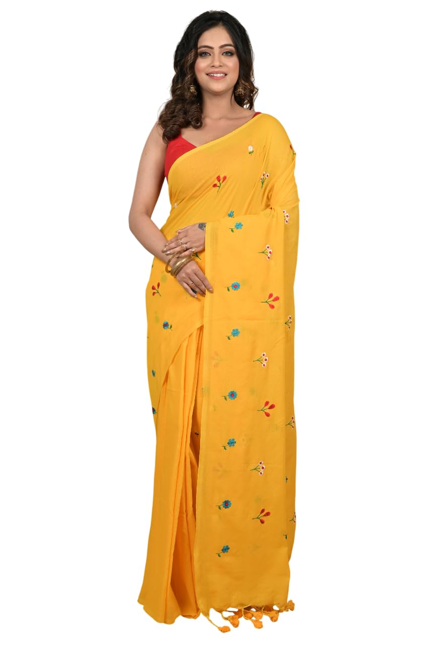 RoyBoni Khadi Embroidery Saree for Women | Fulmina Work | Pure Cotton Khadi Saree with Blouse Piece | Lightweight Traditional (Yellow)