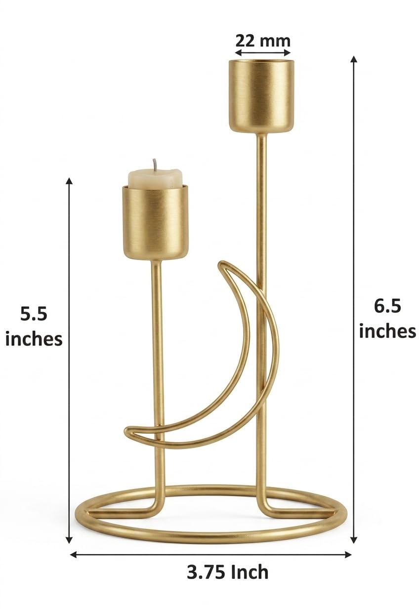 Modern Iron Double Candle Holder Set of 2 – Gold Metal Decorative Candle Stand for Home Decor, Table Centerpiece for Living Room Dining Table Bedroom (6.5 x 3.5 Inches) – Without Candles (Waning-Moon)