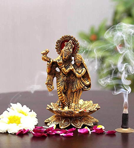 KridayKraft Gold Plated Radha Krishna Idol Standing on Lotus Flower – Flute-Playing Divine Couple Showpiece for Home Decor, Pooja Room, and Gifting