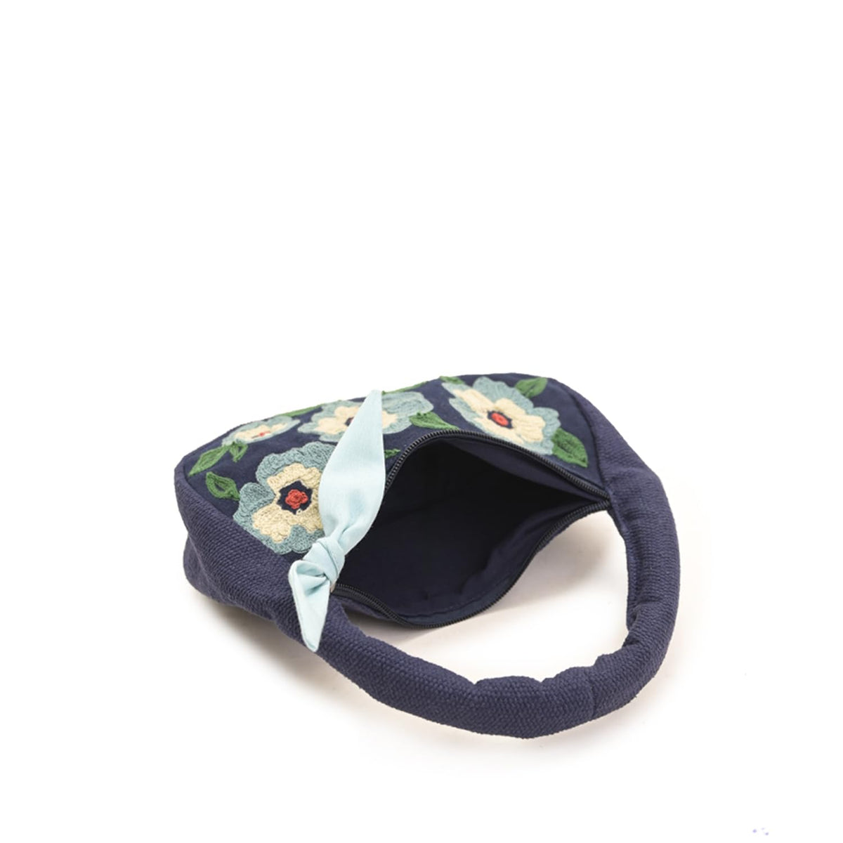 Boho Indigo Blossom Tote Bag – Navy Blue Floral Shoulder Bag for Women with Embroidered Flowers, Padded Handle & Ribbon Detail – Ideal for Travel, Brunch & Casual Outfits