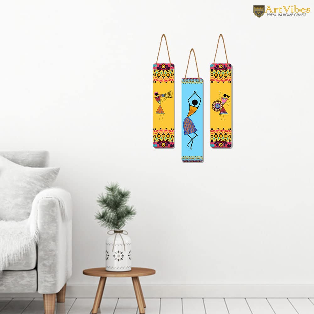 Artvibes African Warli Art Wooden Decoration Item for Living Room | Modern Decoration Items | Handcrafted | Living Room | Cafe | Aesthetic Wooden Decor | Ideal Gifts (WH_8108N), Set of 3
