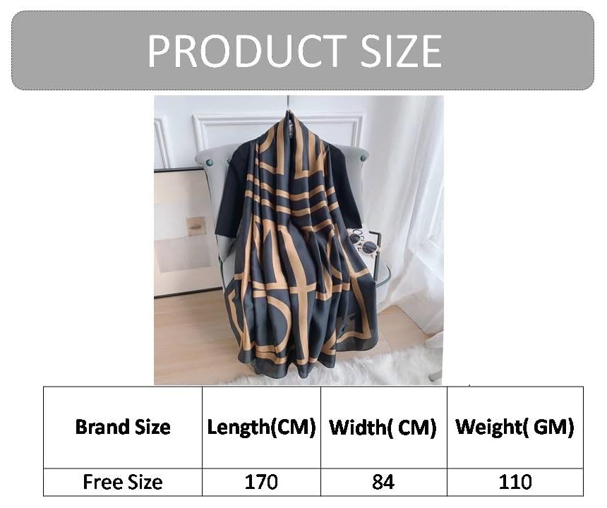 Alexvyan Satin Silk Summer Scarves 170 x 84 cm, Black and Gold Geometric Pattern with Stitched Border, Lightweight Fashion Scarf for Women Sun Protection Stole