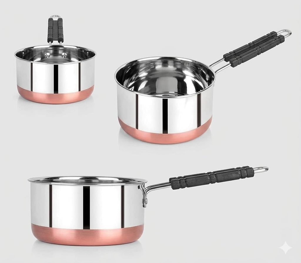 GlamourShop Tea Pan Stainless Steel Copper Bottom Sauce Pan Milk Pan Tapeli Patila Induction Base 1.5 Litre Sauce Pot Milk Boiler with Handle (1 Pan Set)