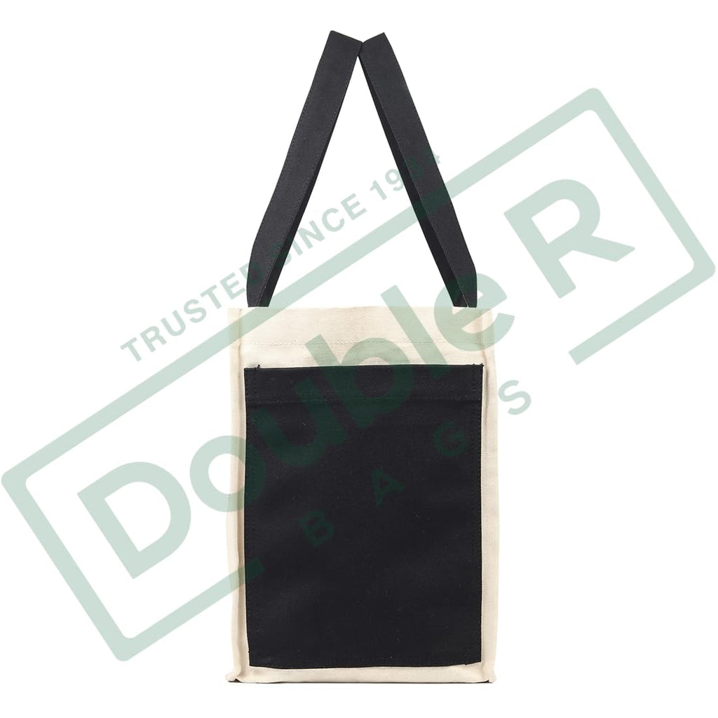 DOUBLE R BAGS Heavy Duty Canvas Grocery Bag with Side Pockets, Reusable Shopping Tote with Handles, Large Multipurpose Cotton Bag for Grocery, Jhola, Beach, Picnic, Travel. (Black, Pack of 2)