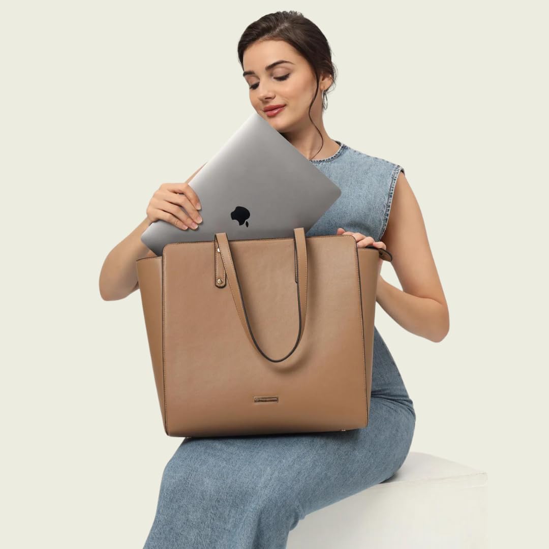 The Gusto Beyond Plus - Premium Vegan Leather Tote Bag for Women, Big Size, Beige | Stylish Handbag for women with Zip Closure | Fit for Office Bag, College, Travel Use | Handcrafted in India