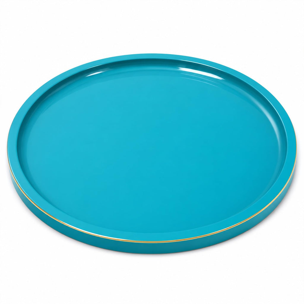CRAFTSLANE Round Decorative Tray 11 x 11 inch High Gloss with Gold Trim | Wooden Serving & Counter Tray for Keys & Home Decor (Turquoise Blue)