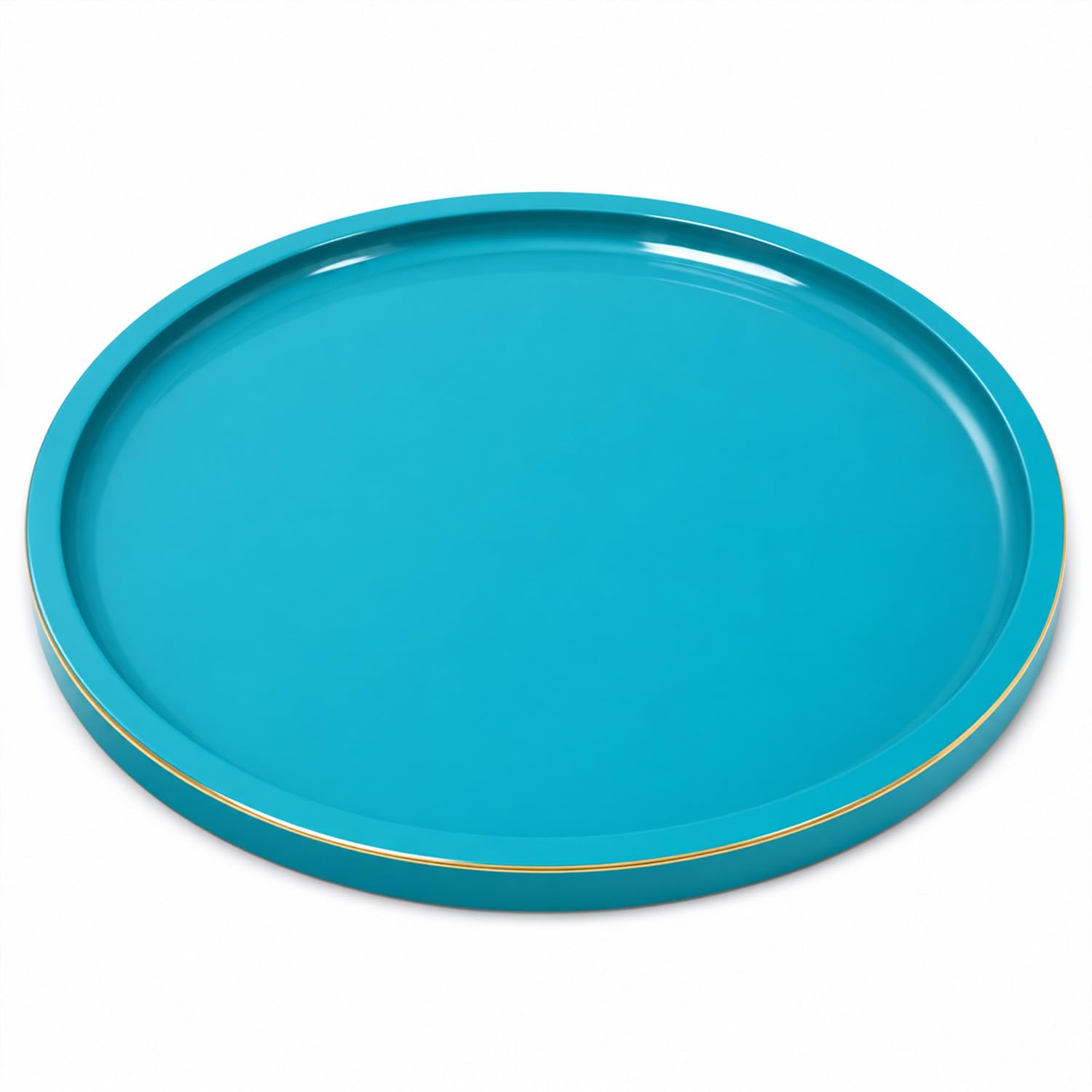 CRAFTSLANE Round Decorative Tray 11 x 11 inch High Gloss with Gold Trim | Wooden Serving & Counter Tray for Keys & Home Decor (Turquoise Blue)