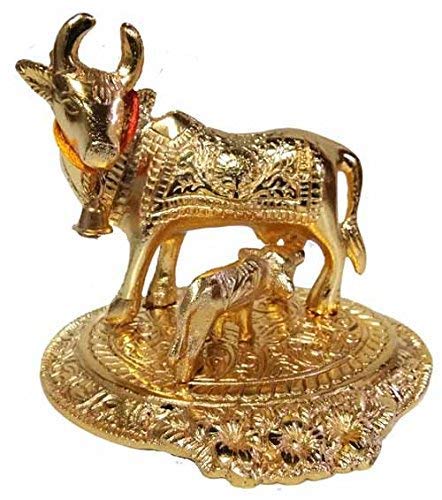 Prince Home Decor & Gifts Metal Golden Kamdhenu Cow with Calf Statue