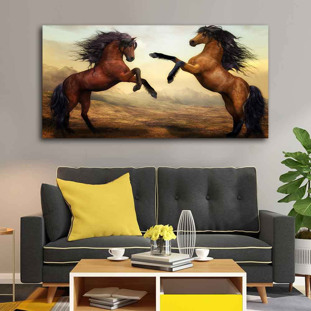 VIBECRAFTS Canvas Paintings for Living Room Drawing Room Two Brown Horses Canvas Wall Painting Fitted With Wooden Frame for Home | Office | Gift (PTVCH_2421)