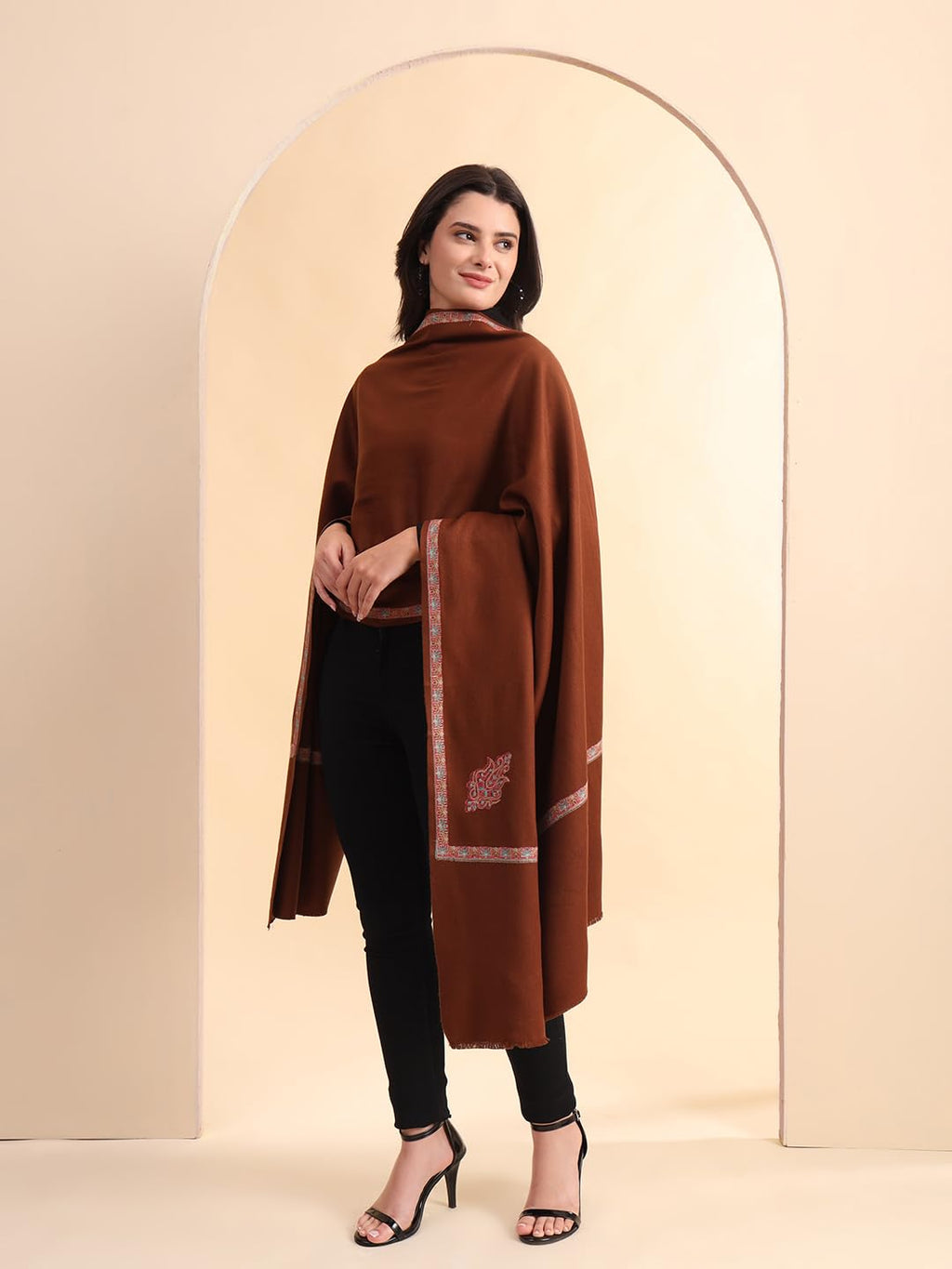 Zamour Kashmiri Pashmina Style Fine Kingri Embroidery Woollen Shawls for Winter (Brown)