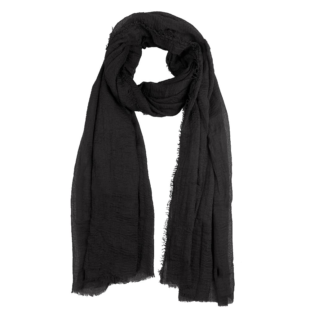 XRDSS Summer Cotton Blend Crinkle Vintage Soft Scarf with Fringed Edges 35 × 70, Black, One Size