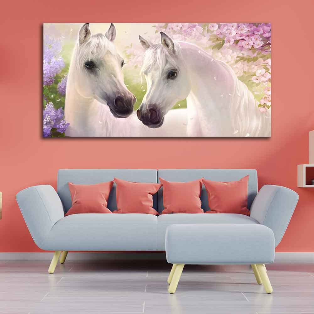 VIBECRAFTS Canvas Paintings for Living Room Drawing Room Beautiful Pair Of White Horses Premium Wall Painting Fitted With Wooden Frame for Home | Office | Gift (PTVCH_2340)