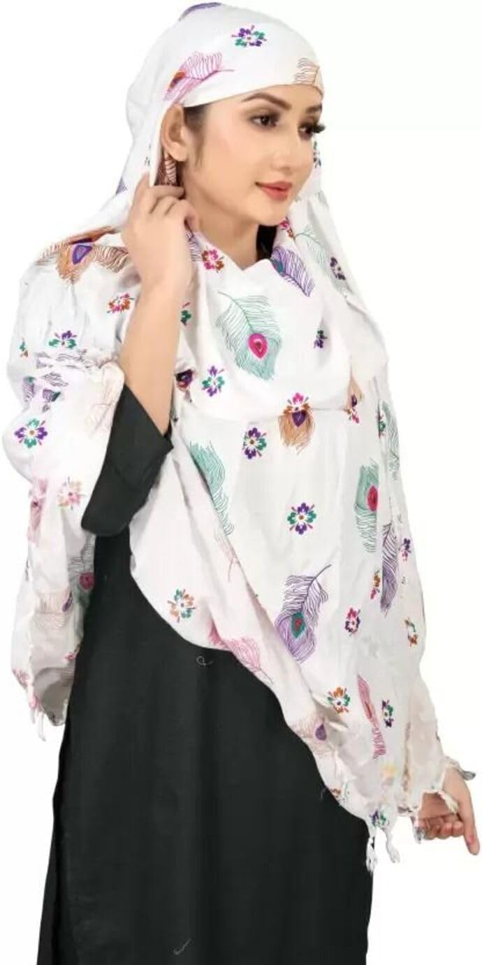 Vinsh Enterprise Cotton Long Scarf Cum Mask Scarves Usable for Vehicle Driver | White Printed Design | Universal Size | For Girl & Women | Soft & Breathable Sun Protection (Feather)
