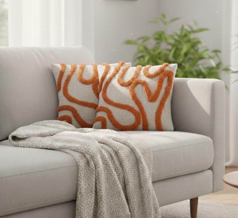 Furnistitchs Premium Decorative Throw Cushion Pillow Cover Boho Home Decor - Living Room Bedroom Couch Sofa Cushion Covers 16 inch x 16 inch (1, Orange Zigzag)