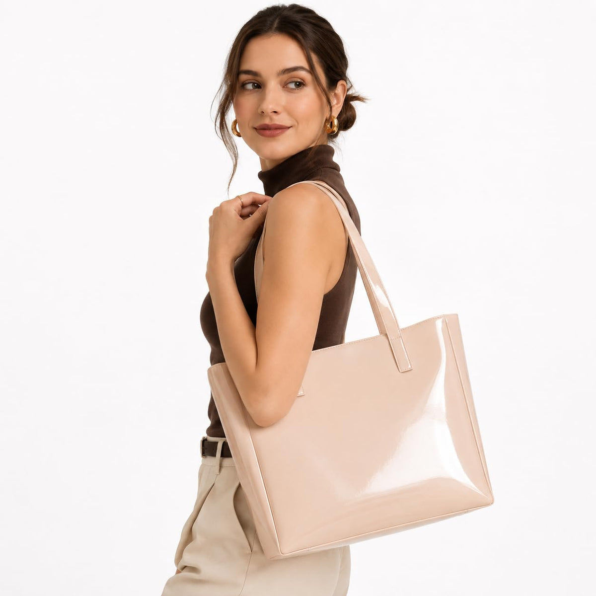 IRMAO Women's Patent PU Leather Tote Bag | Large Shoulder Handbag for Office, Shopping, College & Travel | Glossy Stylish Ladies Handbag with Spacious Compartments