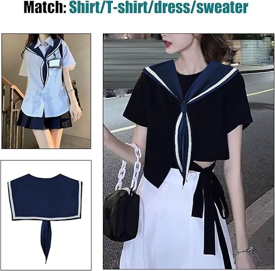 HAYZO Women's Sailor Collar Scarf | Detachable Fake Collar Necklace | Sailor Style Shawl Wrap for Sweater, Shirt & Dress | Fashion Accessory Top Collar (Navy)