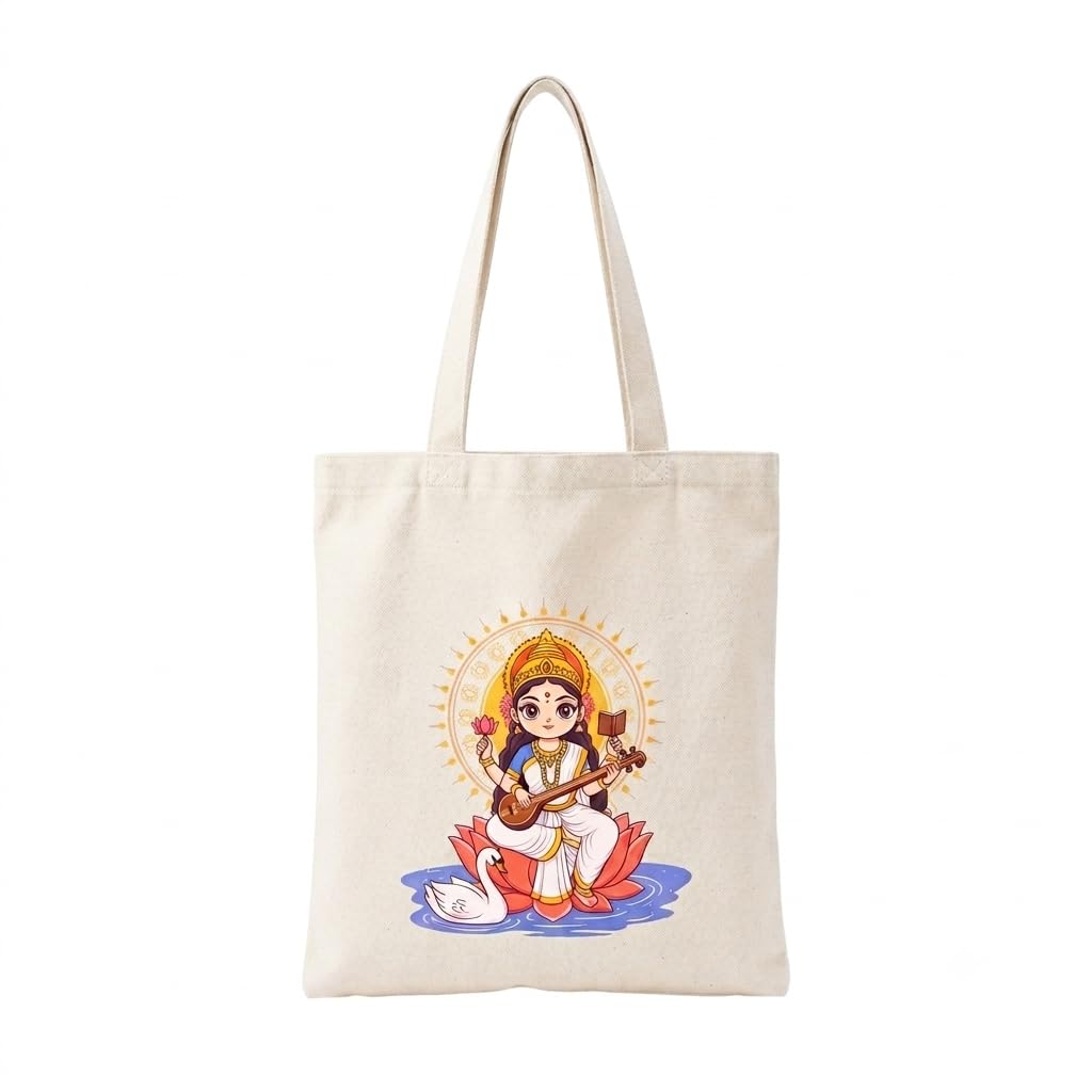 aurora trading Cotton Tote Bag with Sacred God Prints (1, SARASWATHI)