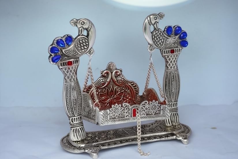 KridayKraft Silver Plated Peacock Designer Jhula for Laddu Gopal/Krishna Idol | Decorative Metallic Swing for Home Temple, Puja, Janmashtami Decor & Gifting
