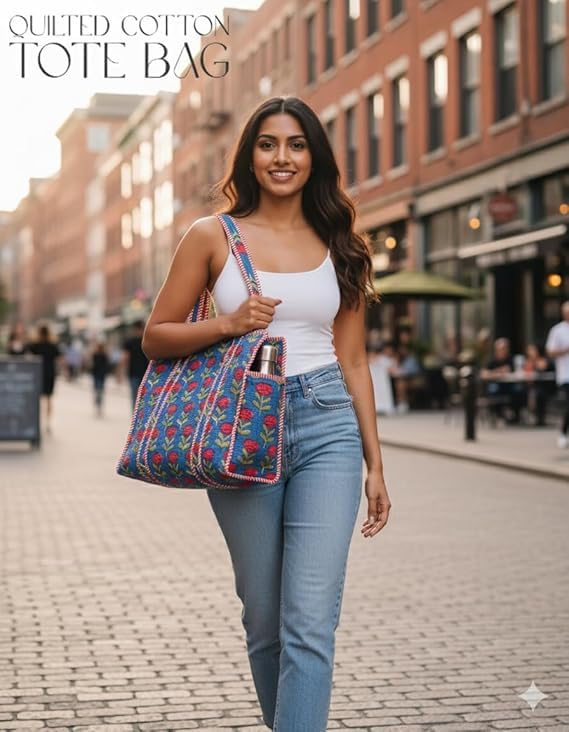 Nikavik Cotton Printed Tote Bag,Hand Bag Multicolor Quilted Hand Block Floral Printed Women's Carry Bag Shoulder Shopping Tote Bags (Bright Blue)