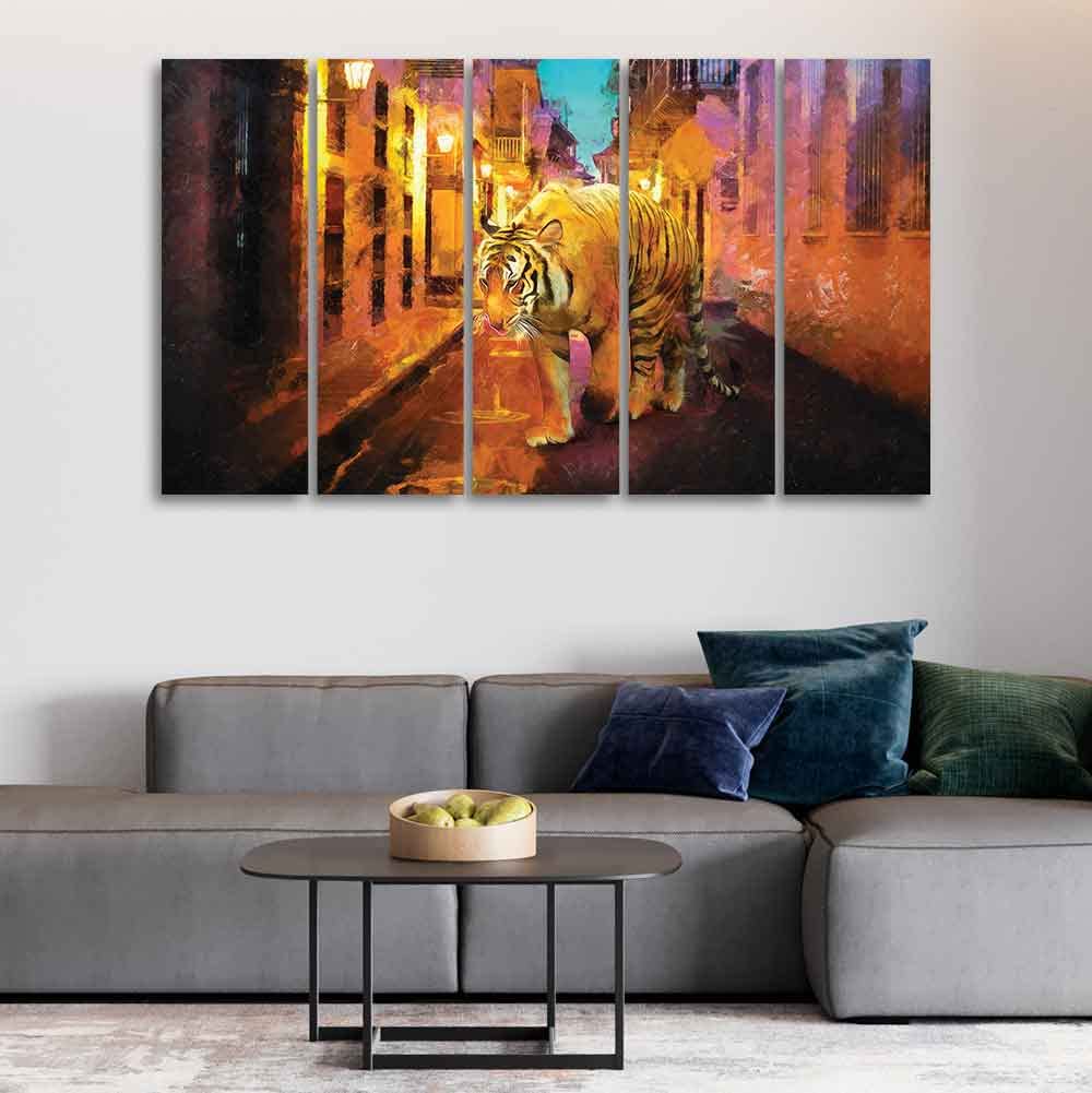VIBECRAFTS Abstract Art Tiger Walking on Street Five Pieces Canvas Wall Painting For Home|Office|Living Room|Gift (PTVC5Pcs4_8660)