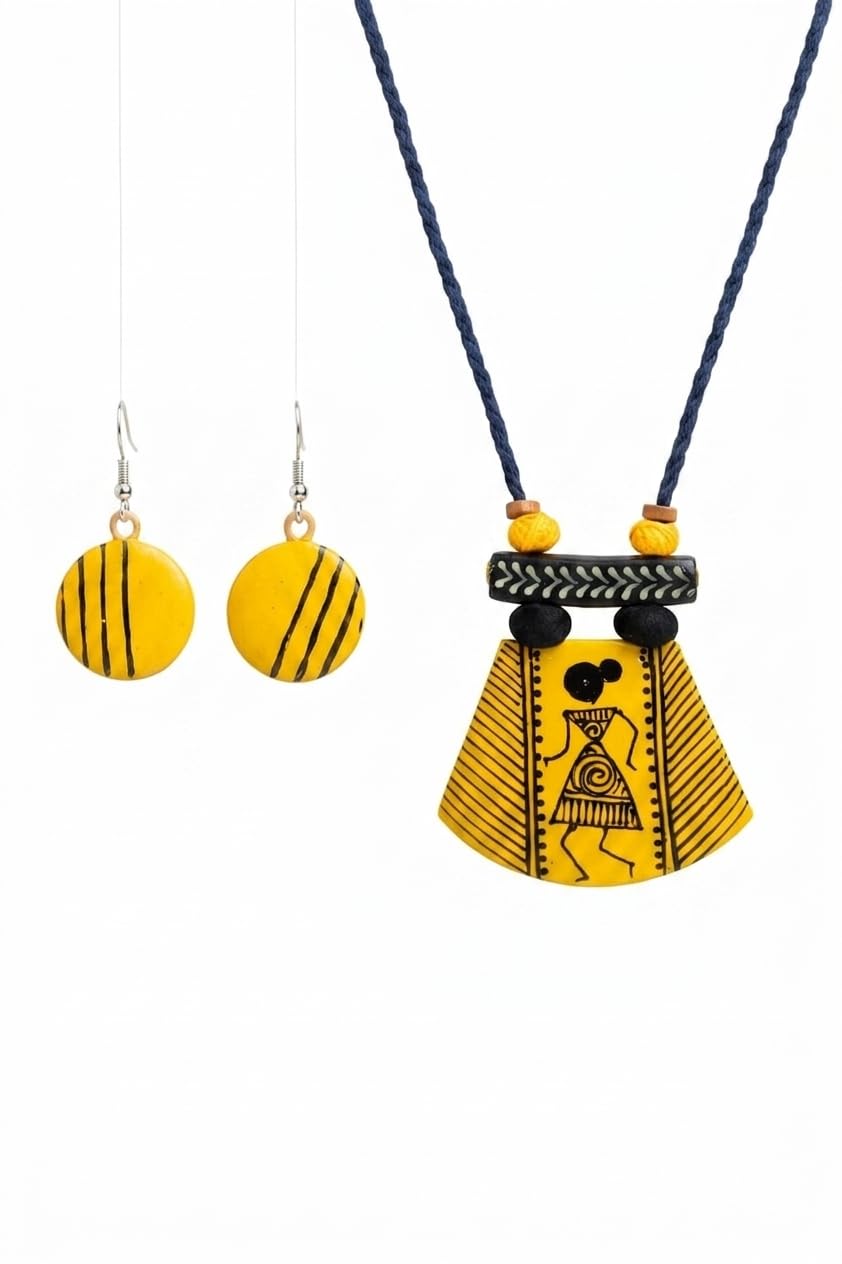 Create -hub ; By Indrani Saha Handpainted Warli Terracotta Necklace Set for Women - Tribal Ethnic Statement Jewelry with Earrings - Lightweight Handmade Clay Jewelry