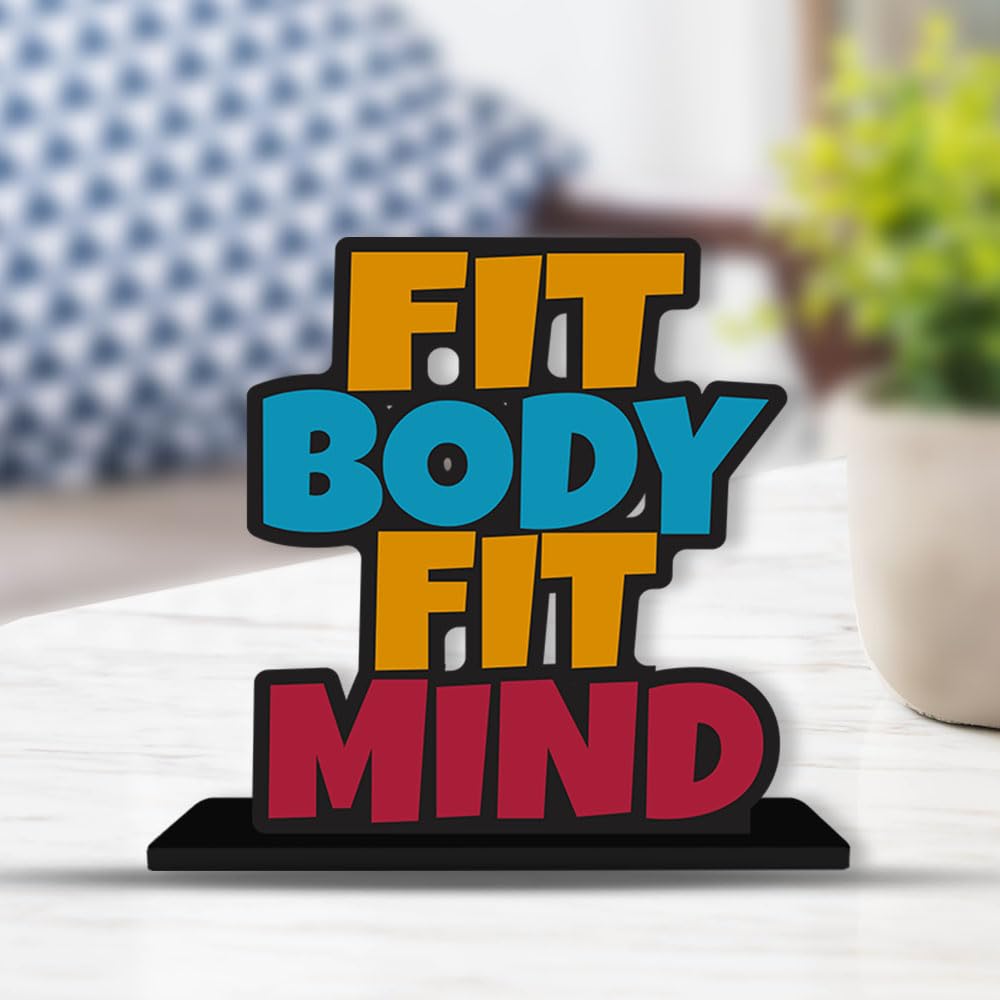 Artvibes Wooden Idols and Figurine Fit Body Fit Mind Fitness Positive Quotes Table Decor for Office Desk Showpiece | Home Decoration | Living Room | Modern Gifting Items (SP_1166), Inspirational