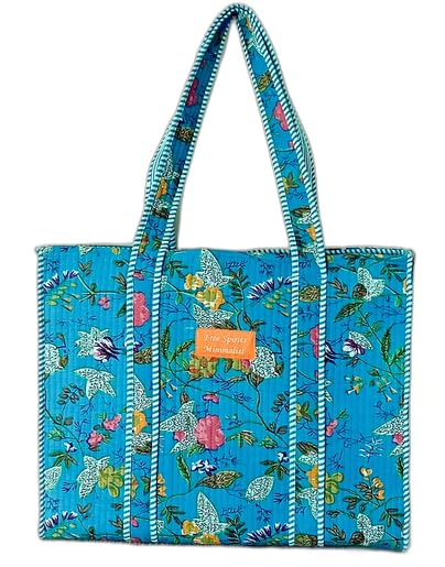 Cotton Tote bag for Women | Shoulder Bag | Durable Shopping bag | Reusable Grocery Bags | Eco friendly Bags| Handmade Cotton Bag | Stylish Quilted handBag |Vegan Tote Bag (TURQOISE Blue MULTI)