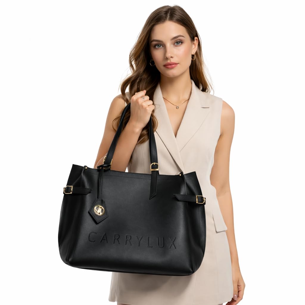 Carrylux Women's Soft PU Tote Bag | Large Single Compartment Shoulder Handbag with Adjustable Strap | Office, College & Casual (Black)
