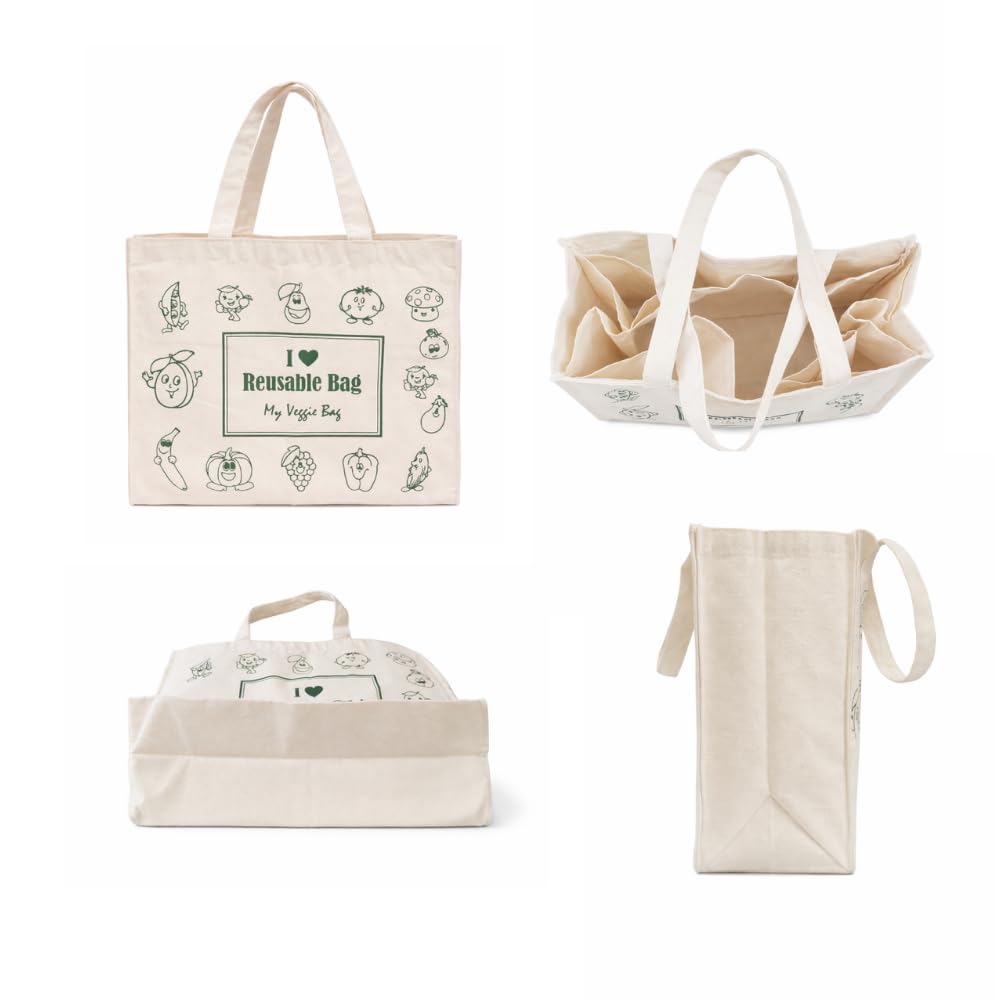 Reusable Canvas Cotton Shopping Bag With 6 Pockets, Tote Bag, Multipurpose Grocery And Vegetable Organiser, Jhola Sabji Bag Long Handles, Medium Size, Foldable, 12x14x5 Inches