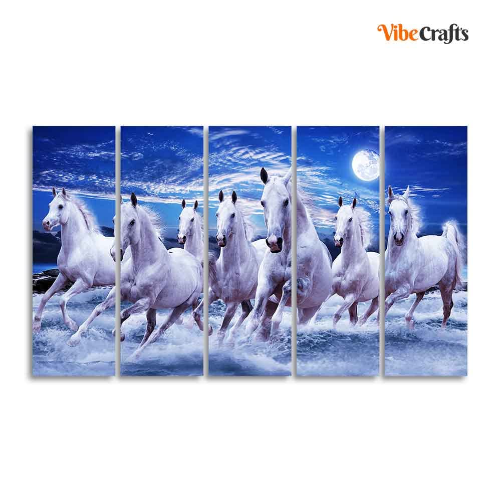 VIBECRAFTS Seven Running Horses in Water Canvas Wall Painting For Home|Office|Living Room|Gift (PTVC5Pcs4_8741)