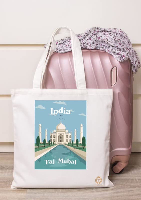 TAJNAN Reusable Tote Bags|100% Organic Cotton Grocery Bag|Eco-Friendly, Multi-Purpose Bag|Sturdy Canvas Bag with 15kgs Capacity | Multiple Stylish Designs,Pack of 1(Taj Mahal Bag)