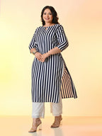 PrettyPlus by Desinoor.com Plus Size Navy White Stripped Kurta