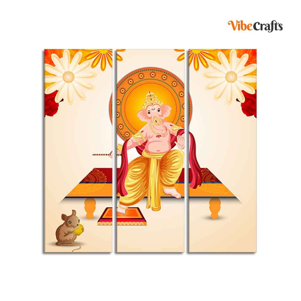 VIBECRAFTS Beautiful Ganesh Ji 3 Pieces Canvas Wall Painting Fitted With Wooden Frame For Home | Office | Living Room | Gifts (PTVC3Pcs1_9582)