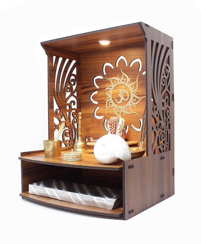 LET'S DIY Wooden Handcrafted OM Carved Temple | Traditional Home Mandir with Side Design Pattern | Pooja Mandir for Home & Office (Pack of 1)