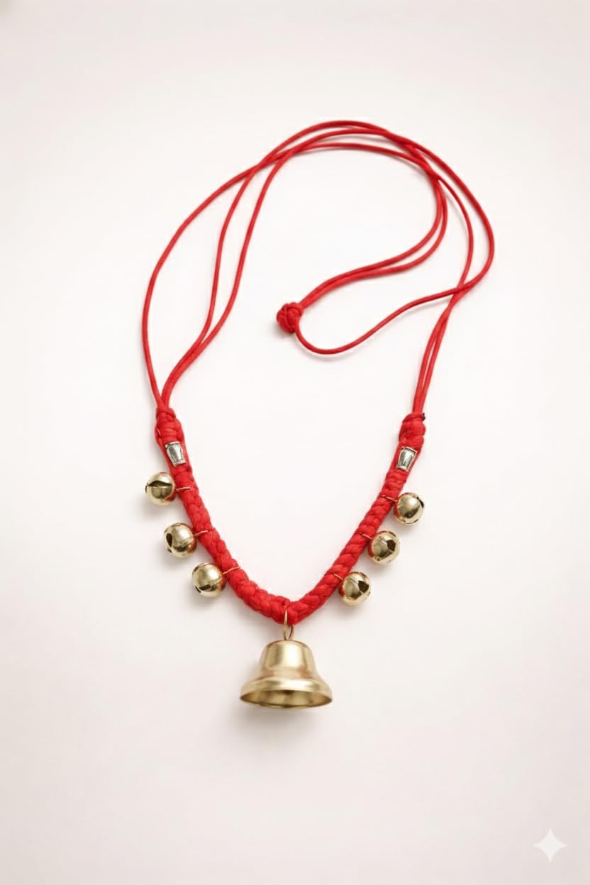 Handmade Brass Cow/Buffalo/Goat/Sheep Bell Necklace with Red String, Traditional Indian Golden Ghungroo Style Mala | Decorative & Functional Cow Accessories for Gaushalas & Festivals |Set of3