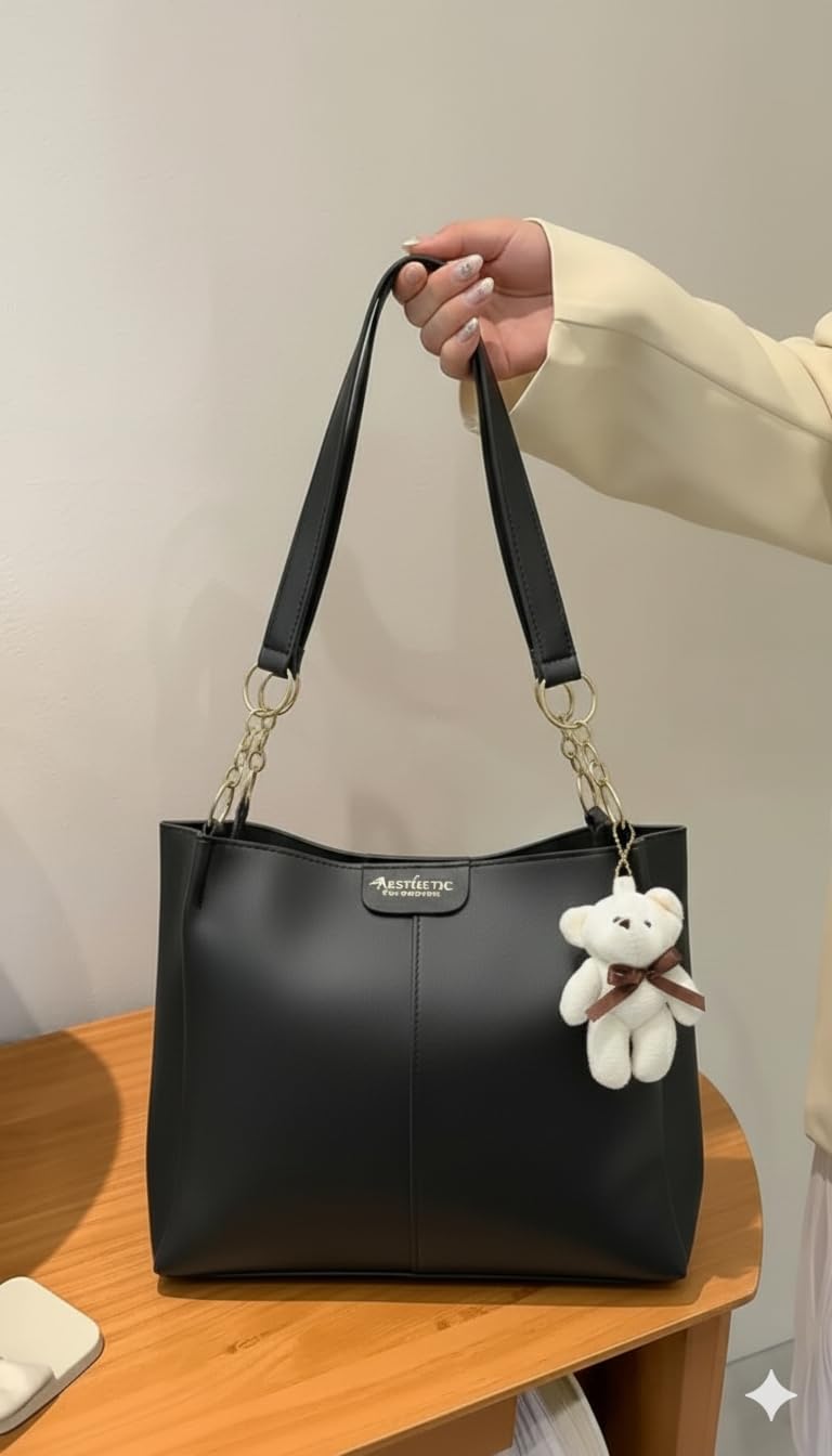 AESTHETIC Women’s Shoulder Handbag | Elegant PU Leather Tote with Chain Strap & Teddy Charm | Stylish Daily Use Purse for Office, College & Casual Outings-T-04
