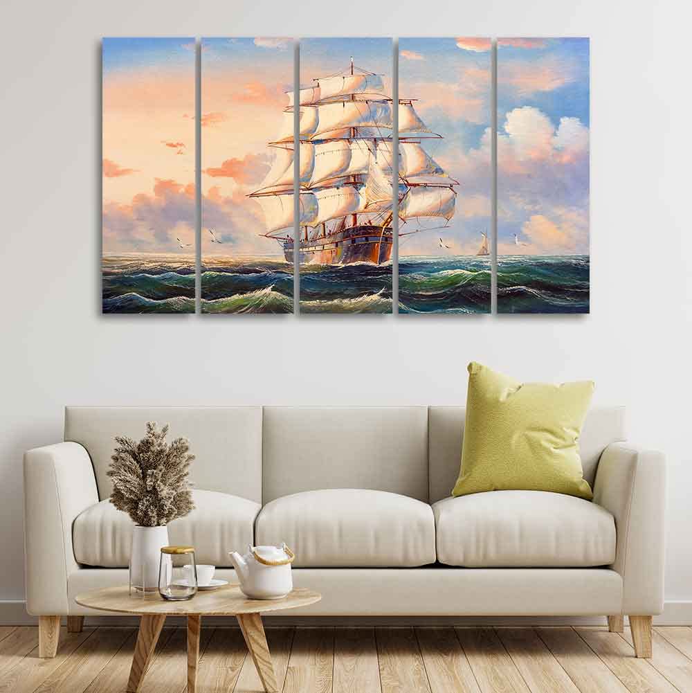 VIBECRAFTS Amazing Sailing Ship Wall Painting of Five Pieces For Home|Office|Living Room|Gift (PTVC5Pcs4_8630N)