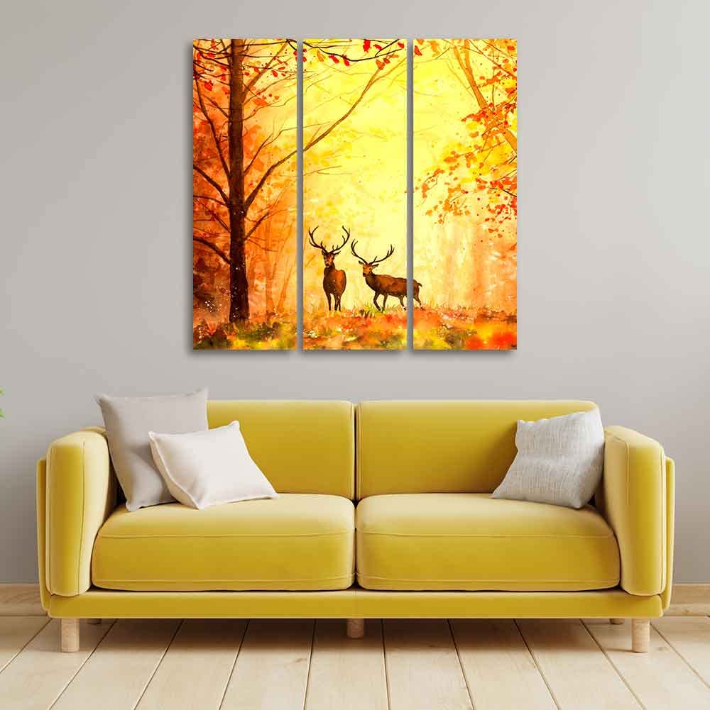 VibeCrafts 3 Pieces Beautiful Forest Deer Canvas Wall Painting Fitted With Wooden Frame For Home | Office | Living Room | Gifts (PTVC3Pcs1_9518)