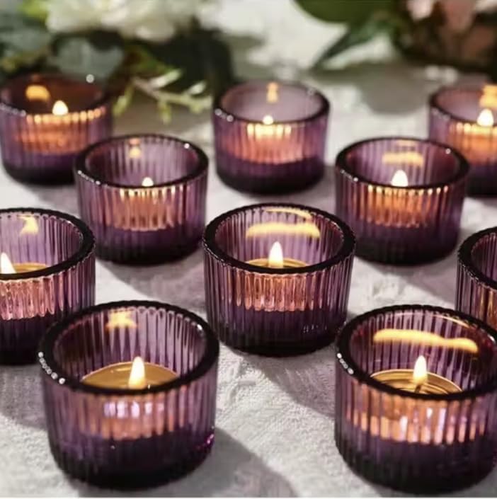 Ribbed Glass Tealight Candle Holders, Set of 6, Table Decor for Weddings, Candlelight Dinner, Diwali, Party (Pack of 6) (Purple)