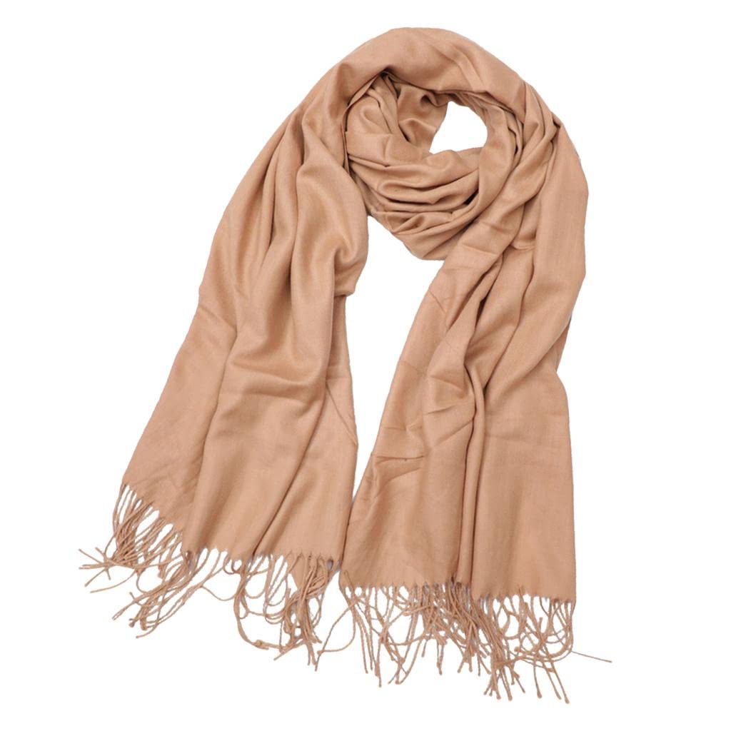 ELBME Womens Long Large Soft Silky Pashmina Shawl Wrap Scarf in Solid Colors Khaki | 1